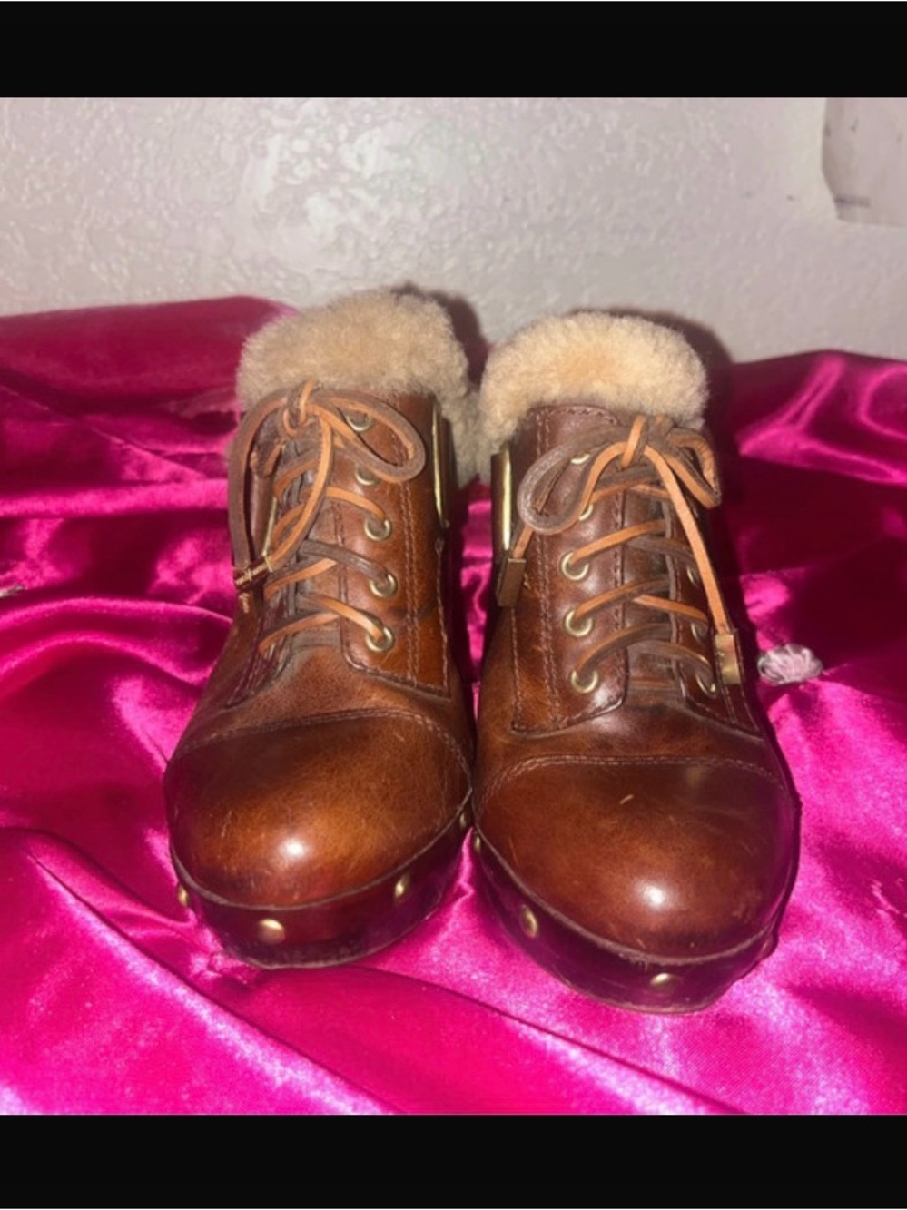 Vince Camuto Brown Leather Lace-Up Shearling Clog Boots